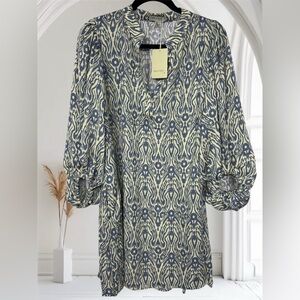 See You Soon Patterned V-Neck Long Balloon Sleeves Knee Length Dress